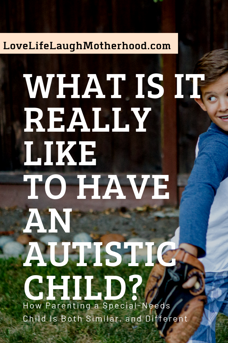 Boy, Playing with text overlay asking "what is it like to have an autistic child"